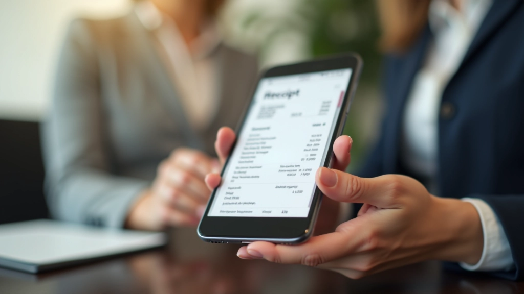 Smartphone displaying receipt scanning app interface with captured receipt image and categorization options
