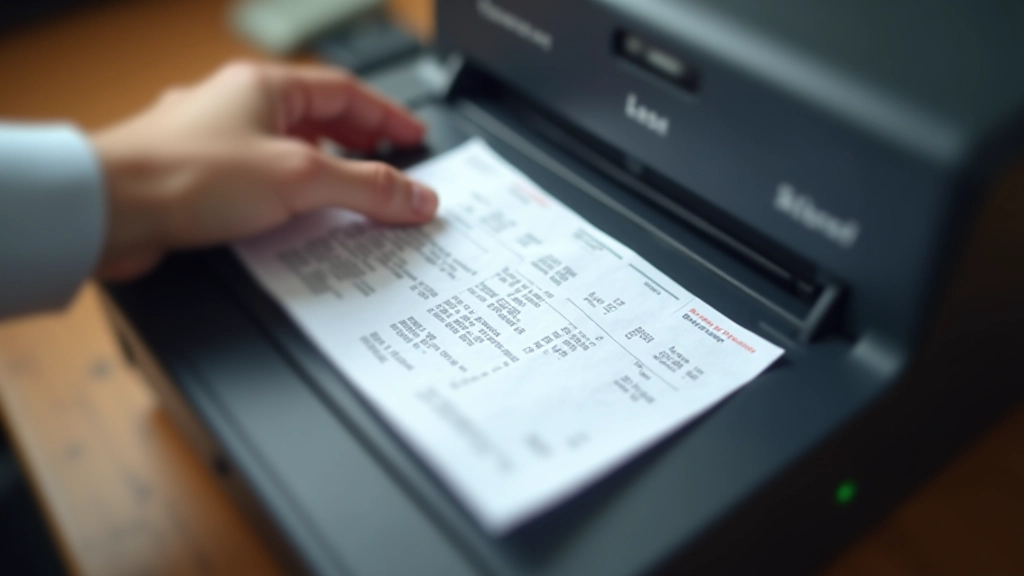 Hands placing receipt at slight angle on scanner bed, overhead view, natural lighting, sharp detail