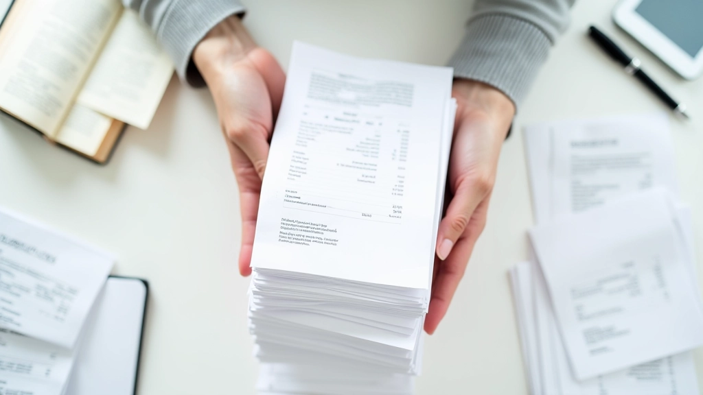 Hands sorting receipts into categorized piles on clean white desk surface