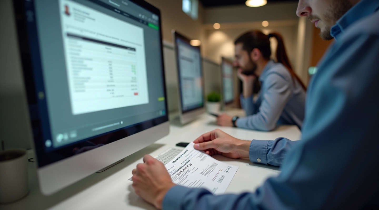 Team organizing digital receipts on computer workstation with document management system displayed